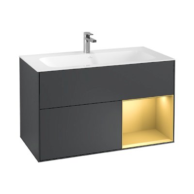 Finion Vanity u.box ri.w.light VWB 100 shelf right gold matt, Sand Matt Lacquer